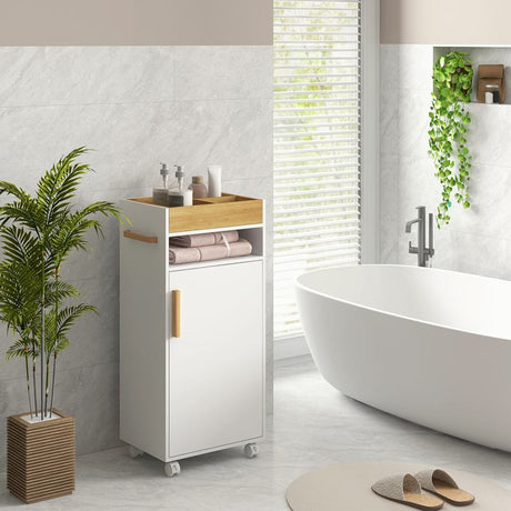 kleankin Scandinavian-Style Bathroom Cabinet, with Removable Top Tray - White/Wood Effect