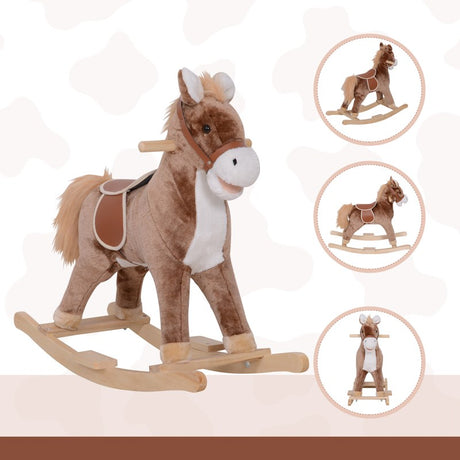 HOMCOM Kids Children Plush Rocking Horse Wooden Base Ride On Toy Rocker with Handle Grip Traditional Toy Fun Gift for Age 3+ (Brown & White)