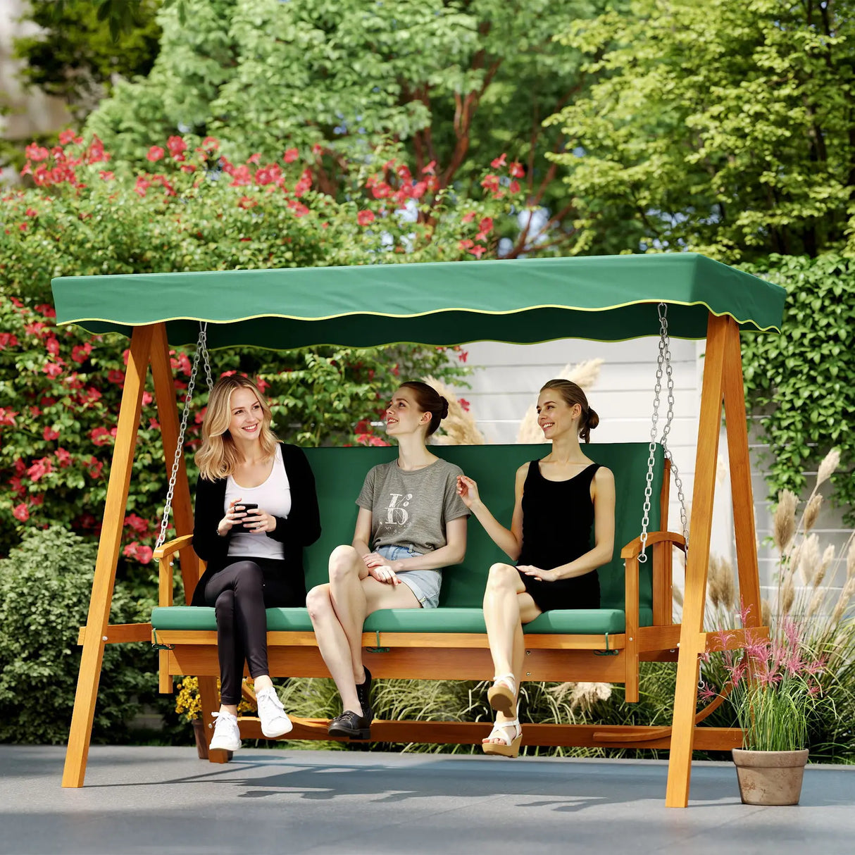 Outsunny 3 Seater 2-in-1 Wooden Garden Swing Seat Swing Chair Outdoor Convertible Hammock Bench Furniture Lounger Bed Wood, Dark Green