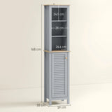 kleankin Bathroom Floor Storage Cabinet with 3 Tier Shelf and Cupboard with Door, Free Standing Linen Tower, Tall Slim Side Organizer Shelves, Grey