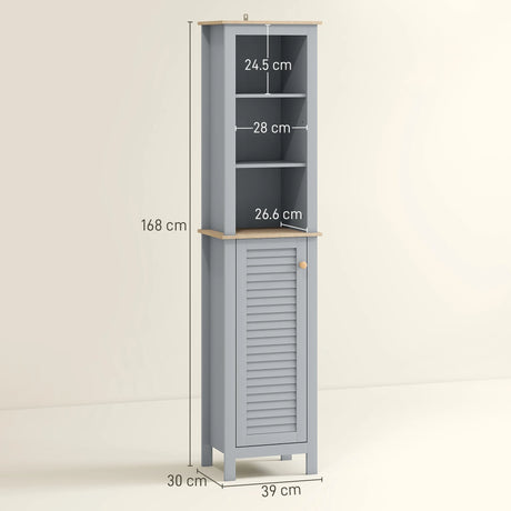 kleankin Bathroom Floor Storage Cabinet with 3 Tier Shelf and Cupboard with Door, Free Standing Linen Tower, Tall Slim Side Organizer Shelves, Grey