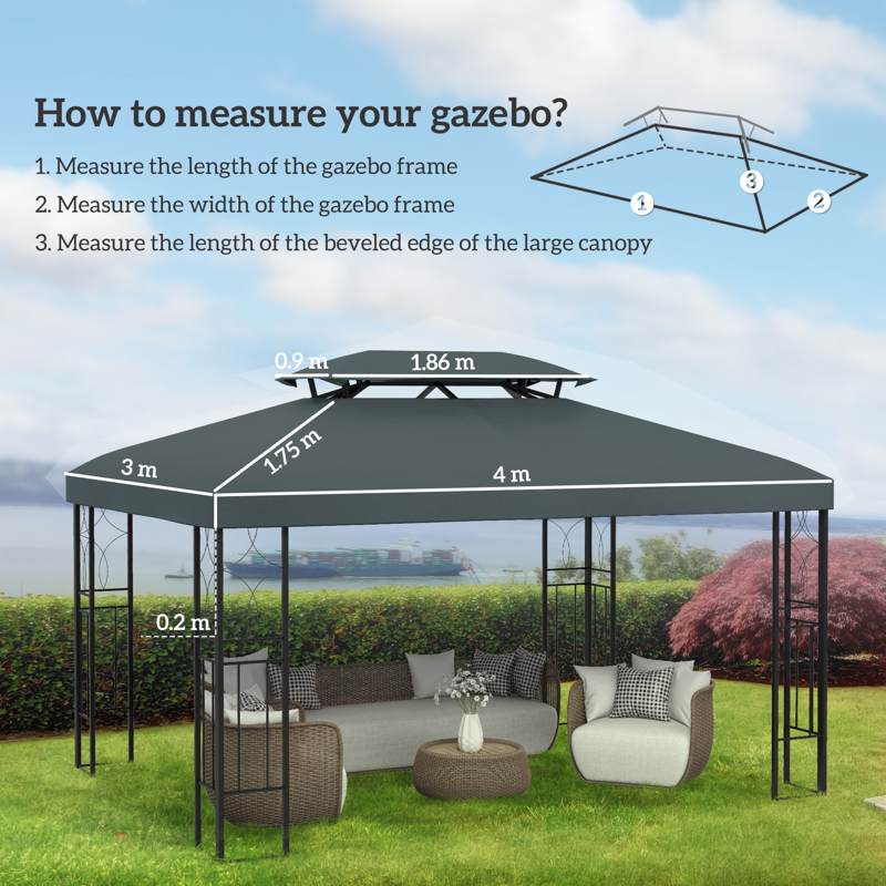 Outsunny Gazebo Roof Replacement, for 3 x 4m Frames - Grey