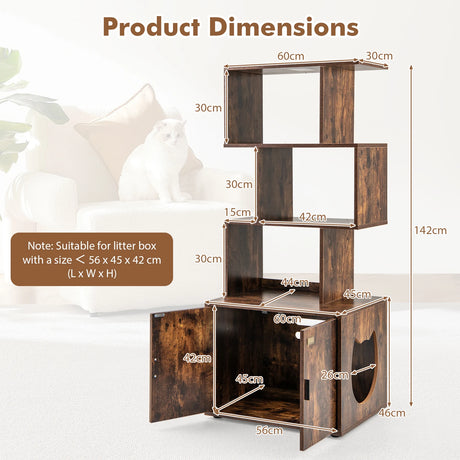 2-in-1 Hidden Cat Litter Box Enclosure with 3 Open Shelves-Rustic Brown