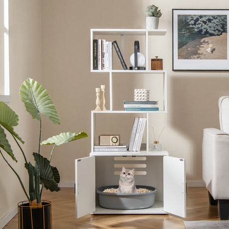 2-in-1 Hidden Cat Litter Box Enclosure with 3 Open Shelves-White