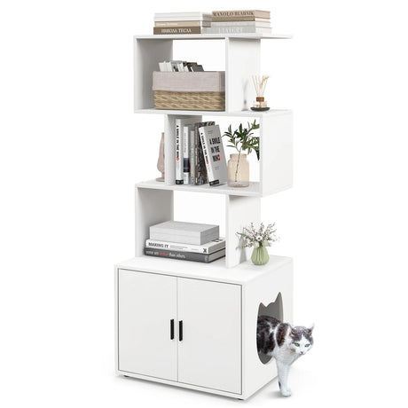 2-in-1 Hidden Cat Litter Box Enclosure with 3 Open Shelves-White
