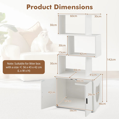 2-in-1 Hidden Cat Litter Box Enclosure with 3 Open Shelves-White
