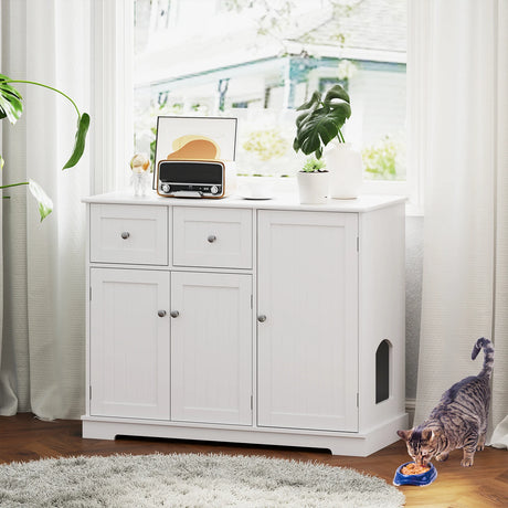 Hidden Cat Washroom Side Cabinet Wooden Pet House with 2 Drawers-White