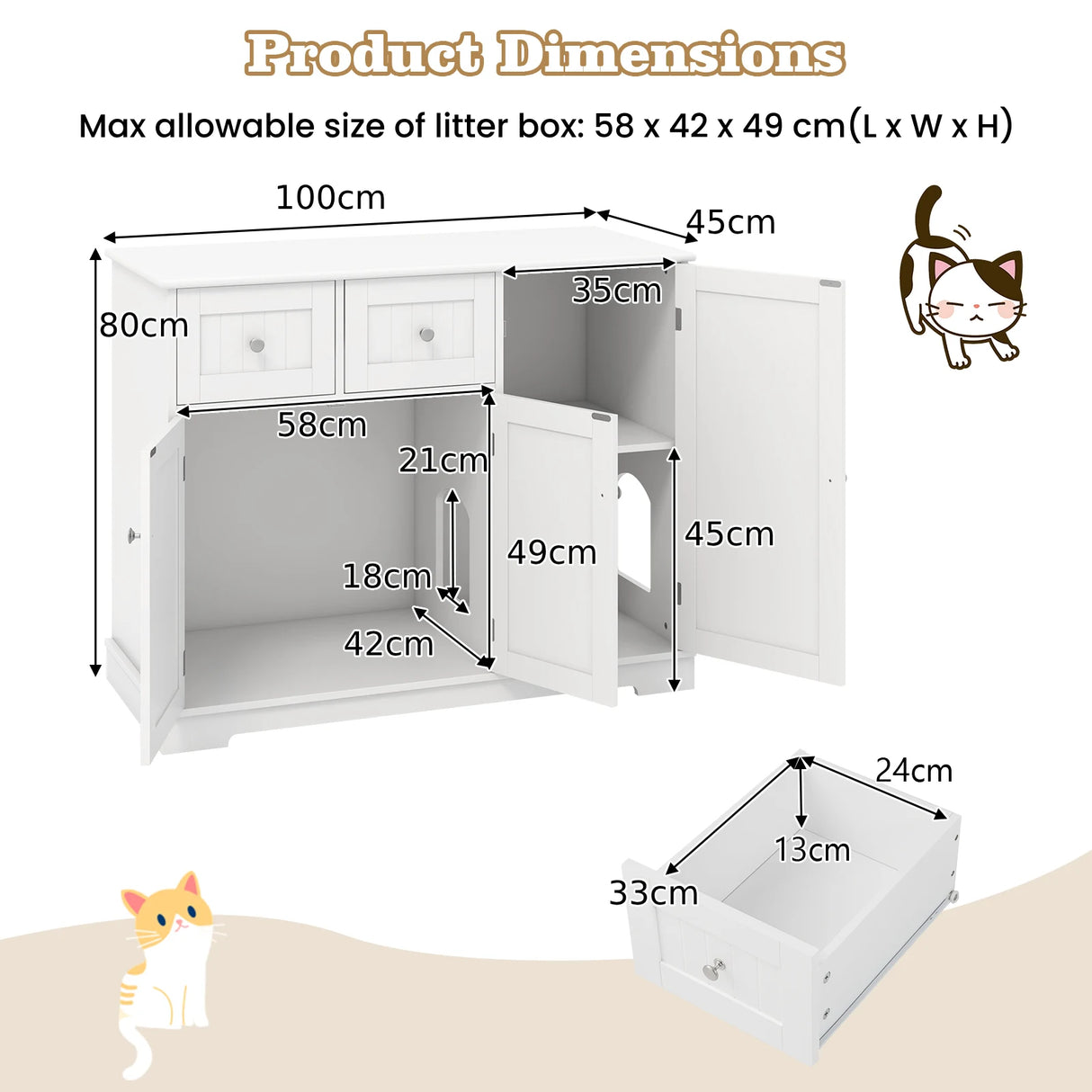 Hidden Cat Washroom Side Cabinet Wooden Pet House with 2 Drawers-White