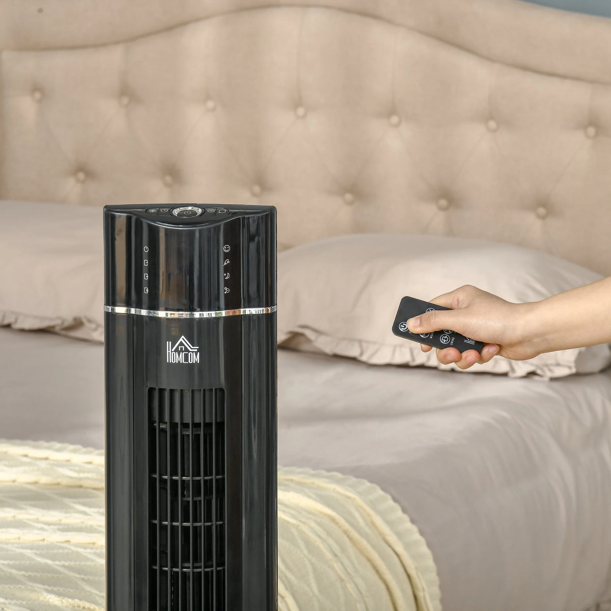 HOMCOM Anion Tower Fan for Bedroom, 42 inch, 6 m/s Powerful Velocity, Standing Floor Fan with 60 Oscillating, 3 Modes, 3 Speeds, 8 Hour Timer, LED Display, Remote Control, Black