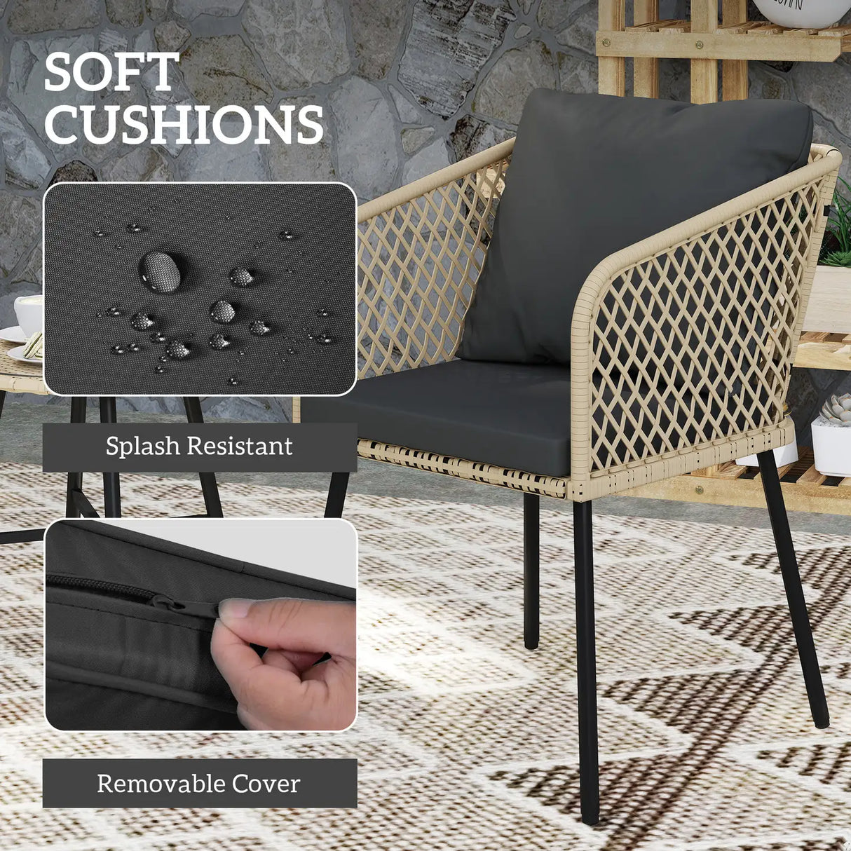 Outsunny Three-Piece Cut-Out Rattan Chair and Table Set - Brown/Black