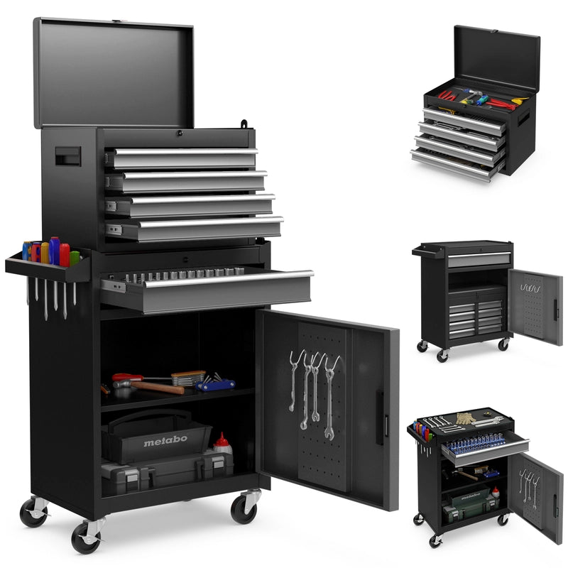 2-in-1 Rolling Tool Chest with 5 Sliding Lockable Drawers-Black & Gray