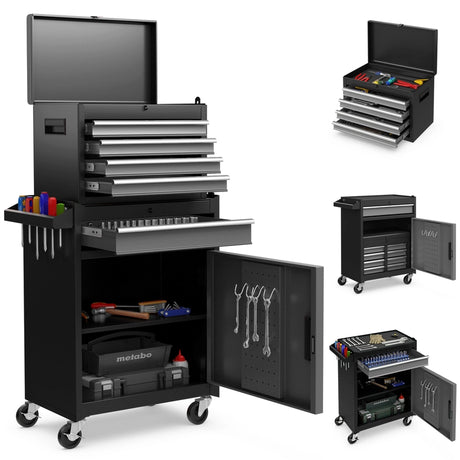 2-in-1 Rolling Tool Chest with 5 Sliding Lockable Drawers-Black & Gray