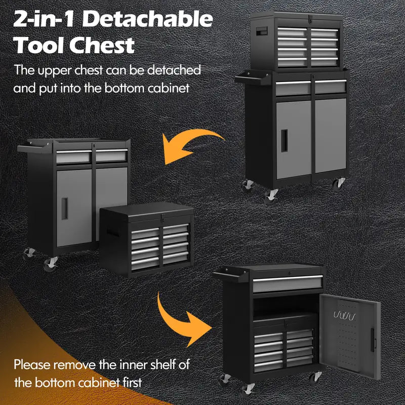 2-in-1 Rolling Tool Chest with 5 Sliding Lockable Drawers-Black & Gray