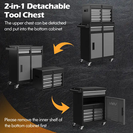 2-in-1 Rolling Tool Chest with 5 Sliding Lockable Drawers-Black & Gray