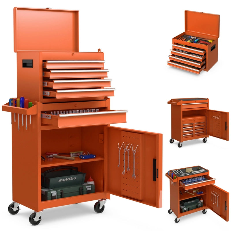 2-in-1 Rolling Tool Chest with 5 Sliding Lockable Drawers-Orange