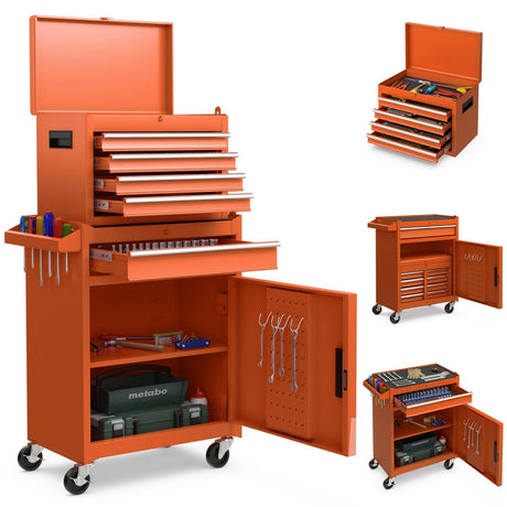 2-in-1 Rolling Tool Chest with 5 Sliding Lockable Drawers-Orange