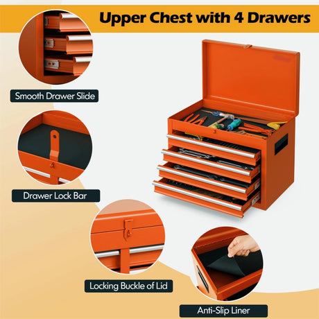 2-in-1 Rolling Tool Chest with 5 Sliding Lockable Drawers-Orange