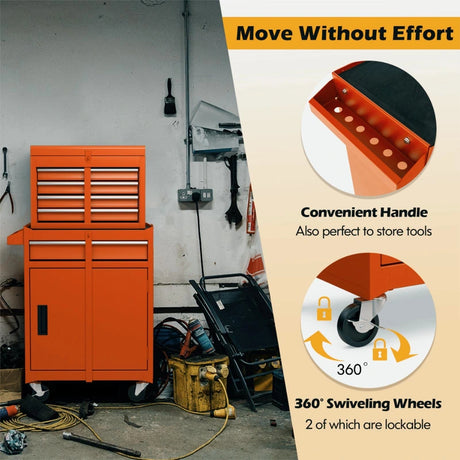2-in-1 Rolling Tool Chest with 5 Sliding Lockable Drawers-Orange