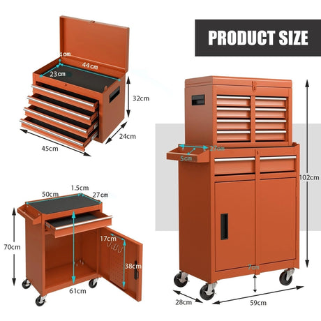 2-in-1 Rolling Tool Chest with 5 Sliding Lockable Drawers-Orange