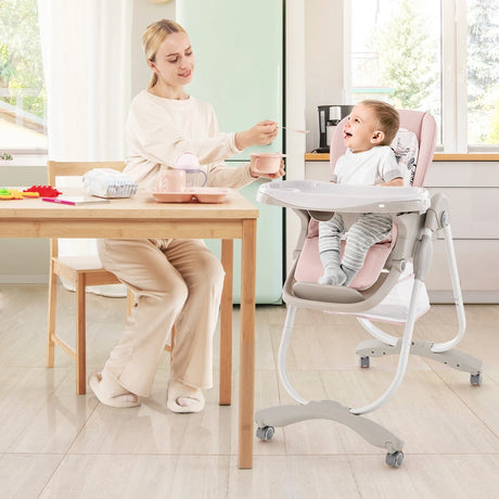Multifunctional Folding Baby High Chair with Rolling Wheels-Pink