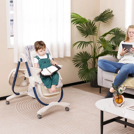 Multifunctional Folding Baby High Chair with Rolling Wheels-Navy