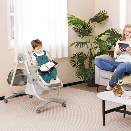 Multifunctional Folding Baby High Chair with Rolling Wheels-White