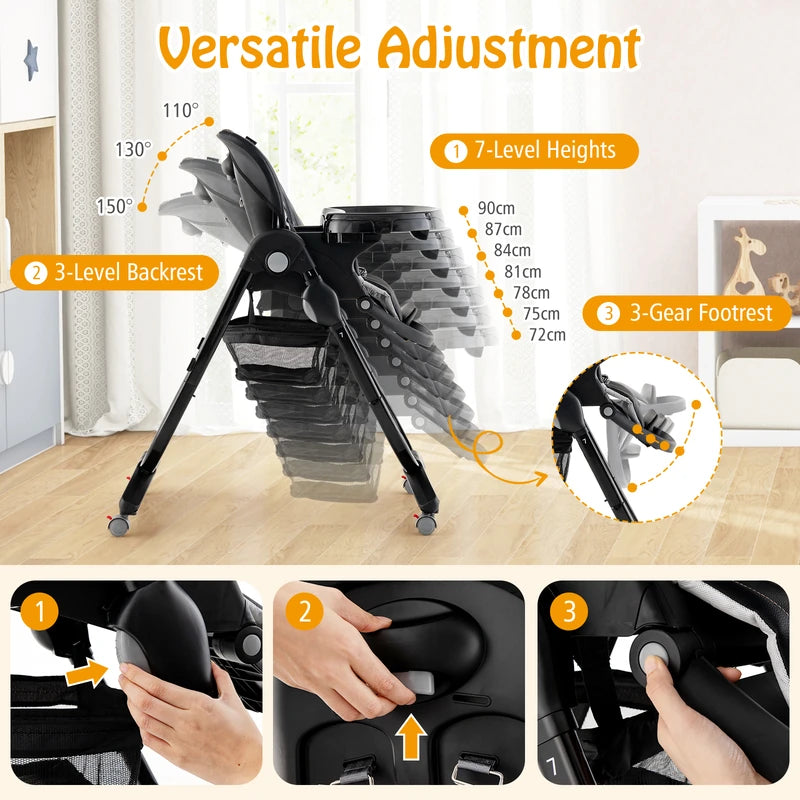 Multifunctional Folding Baby High Chair with Rolling Wheels-Black