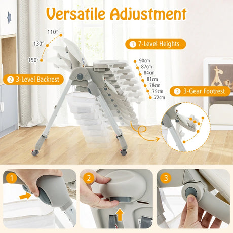 Multifunctional Folding Baby High Chair with Rolling Wheels-White