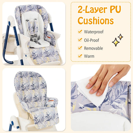 Multifunctional Folding Baby High Chair with Rolling Wheels-Navy