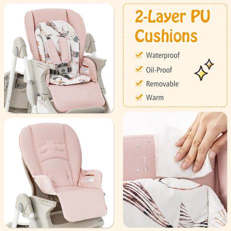 Multifunctional Folding Baby High Chair with Rolling Wheels-Pink