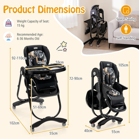 Multifunctional Folding Baby High Chair with Rolling Wheels-Black