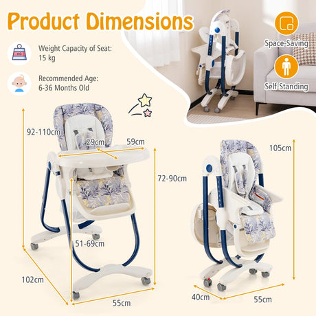 Multifunctional Folding Baby High Chair with Rolling Wheels-Navy