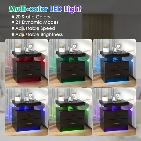 High Gloss Bedside Table with Adjustable Light Mode and Remote Control-Black