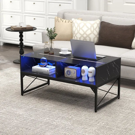 Center Table with Faux Marble and Tempered Glass Top-Black