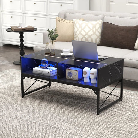 Center Table with Faux Marble and Tempered Glass Top-Black