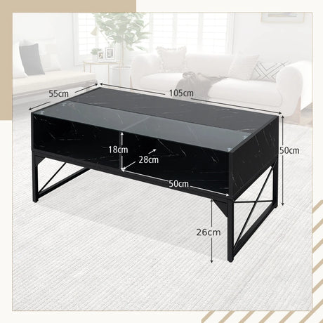 Center Table with Faux Marble and Tempered Glass Top-Black