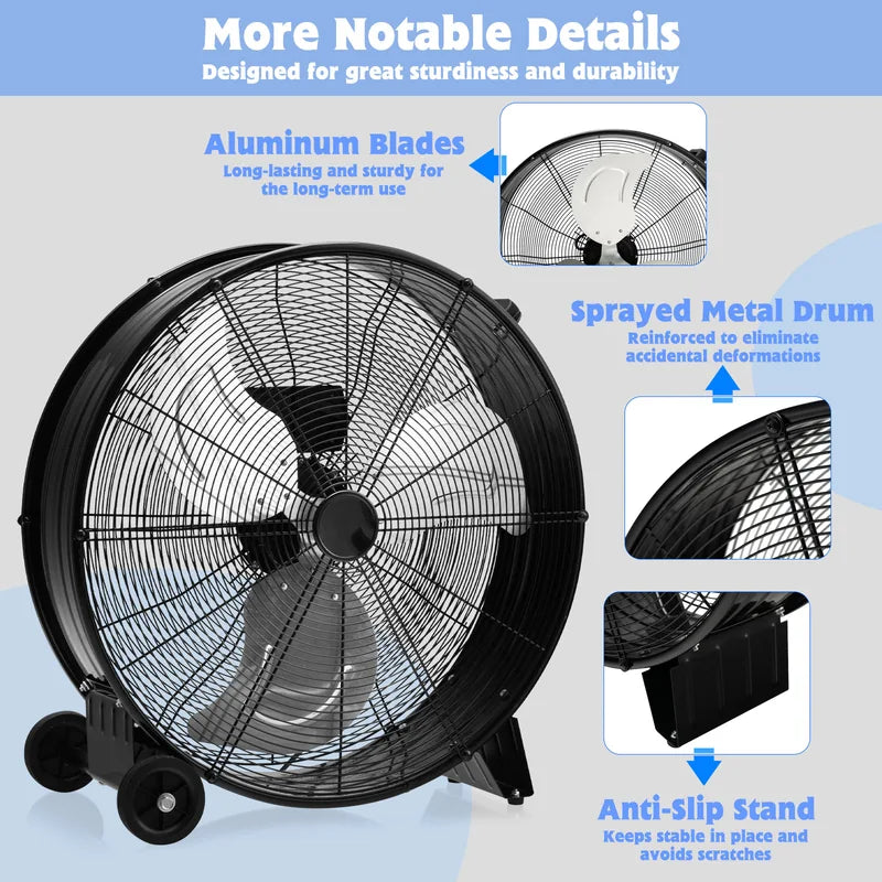24 Inch High-Velocity Industrial Floor Fan with Wheels and Handle