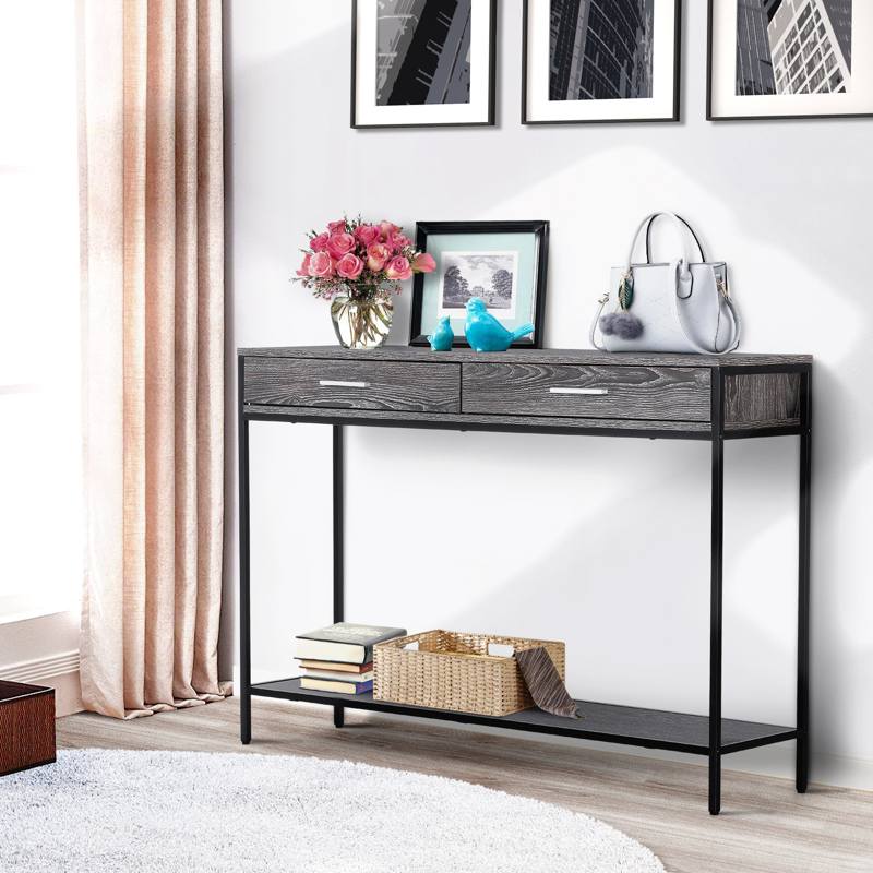 HOMCOM Console Table Worktop Bottom Shelf Home Two Drawer Industrial Minimal Style Grey Wood Tone Effect