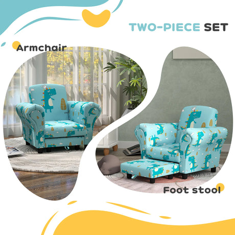 AIYAPLAY 2 Piece Kids Sofa Set with Dinosaur Design, Wooden Frame, for 1.5-3 Years Old, Blue