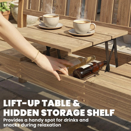 Outsunny Wooden Garden Bench with Liftable Table & Shelf, 2-3-Seater Outdoor Loveseat with Fir Wood Frame, Teak