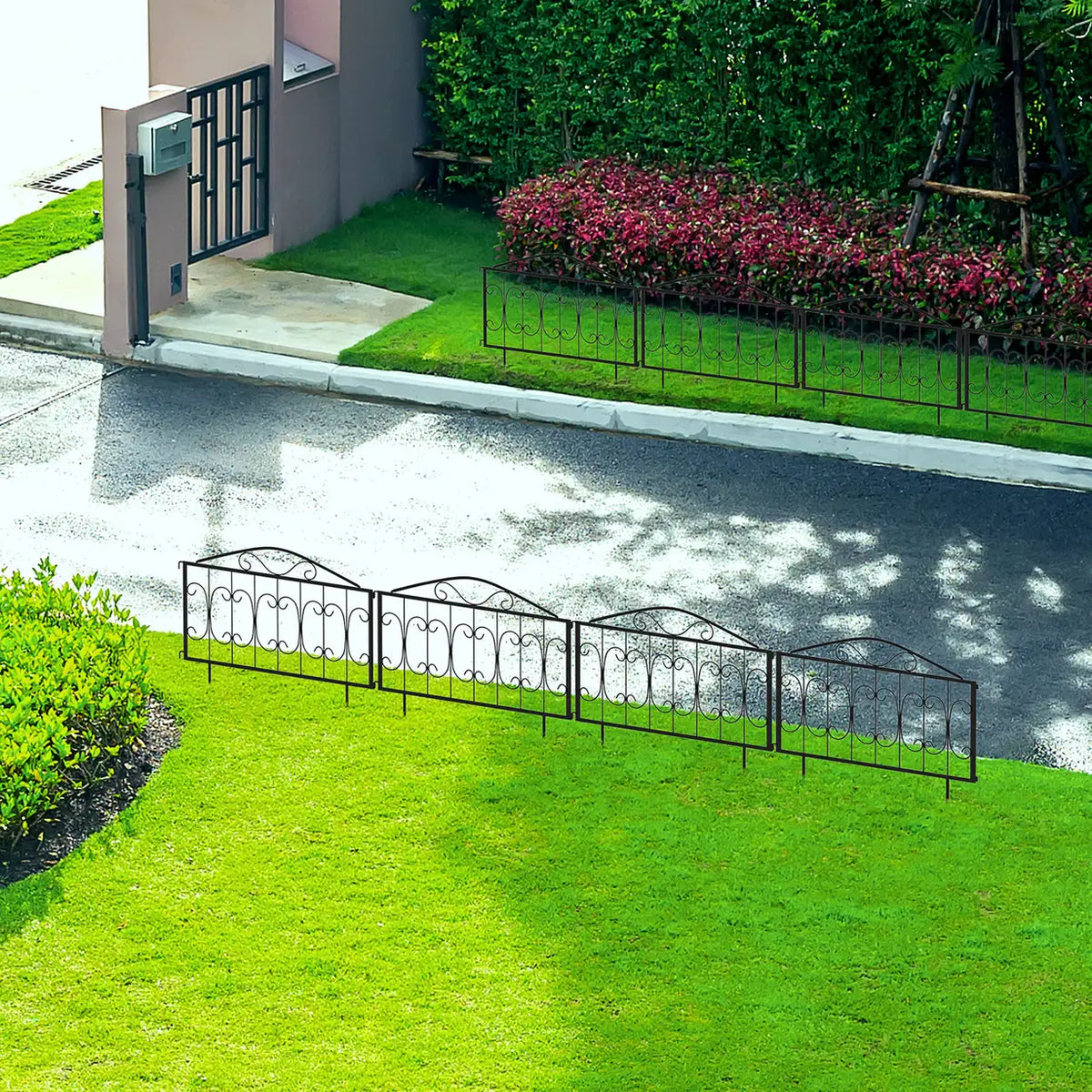 Outsunny Decorative Garden Fencing, 8PCs Outdoor Picket Fence Panels, Rustproof Metal Wire Landscape Flower Bed Border Edging Animal Barrier, Black