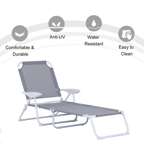 Outsunny Foldable Sun Lounger, Outdoor 4 Level Adjustable Backrest Reclining Lounge Chair with Armrests for Patio, Garden, Grey