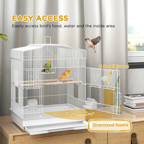 PawHut Large Metal Bird Cage with Perches, Food Bowls, Swing, for Budgies, Parakeets, White