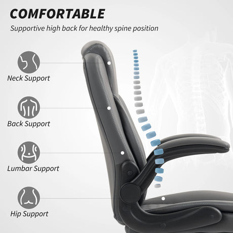 HOMCOM Faux Leather Office Chair. with Flip-Up Armrests - Charcoal Grey