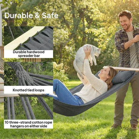 Outsunny Cotton Hammock, Soft Portable Swing Sleeping w/ Headrest & Side Pocket, Dark Grey