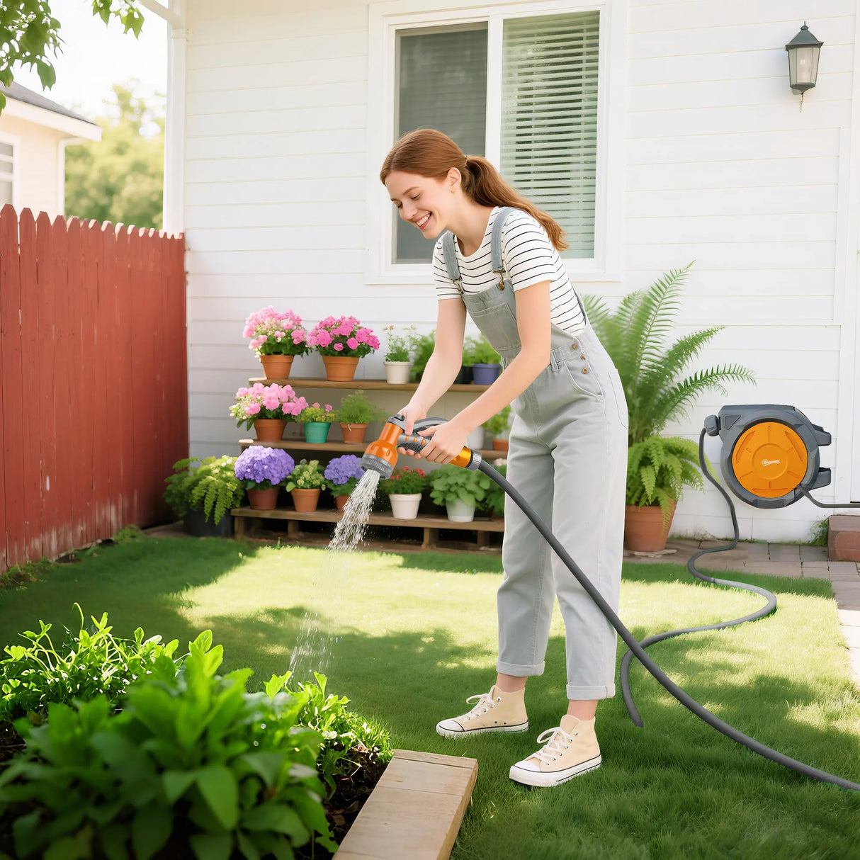 Outsunny Retractable Hose Reel Wall Mounted, 30+2m Garden Hose Pipe Reel with Lock, Auto Rewind, 7 in 1 Spray Nozzle, Includes Wall Fixings, 180 Swivel, Outdoor Watering, Orange