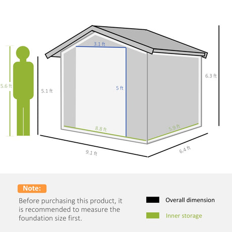 Outsunny 9 x 6ft Metal Garden Shed, Outdoor Storage Tool House with Ventilation Slots, Foundation Kit and Lockable Double Doors, Dark Grey