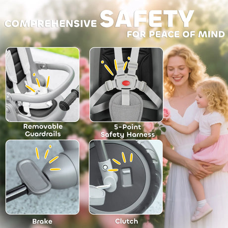 AIYAPLAY 6 in 1 Foldable Kids Trike with Adjustable Parent Handle & Canopy for Ages 1-5, Grey