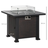 Outsunny Square Propane Gas Fire Pit Table, 50000 BTU Rattan Smokeless Firepit Patio Heater with Glass Screen, Glass Beads and Lid, 81cm x 81cm x 64cm, Black