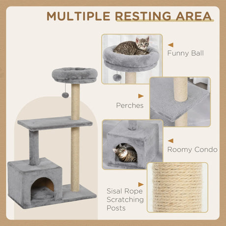 PawHut 96cm Cat Tree for Indoor Cats Condo Sisal Scratching Post Cat Tower Kitten Play House Dangling Ball Activity Center Furniture Grey